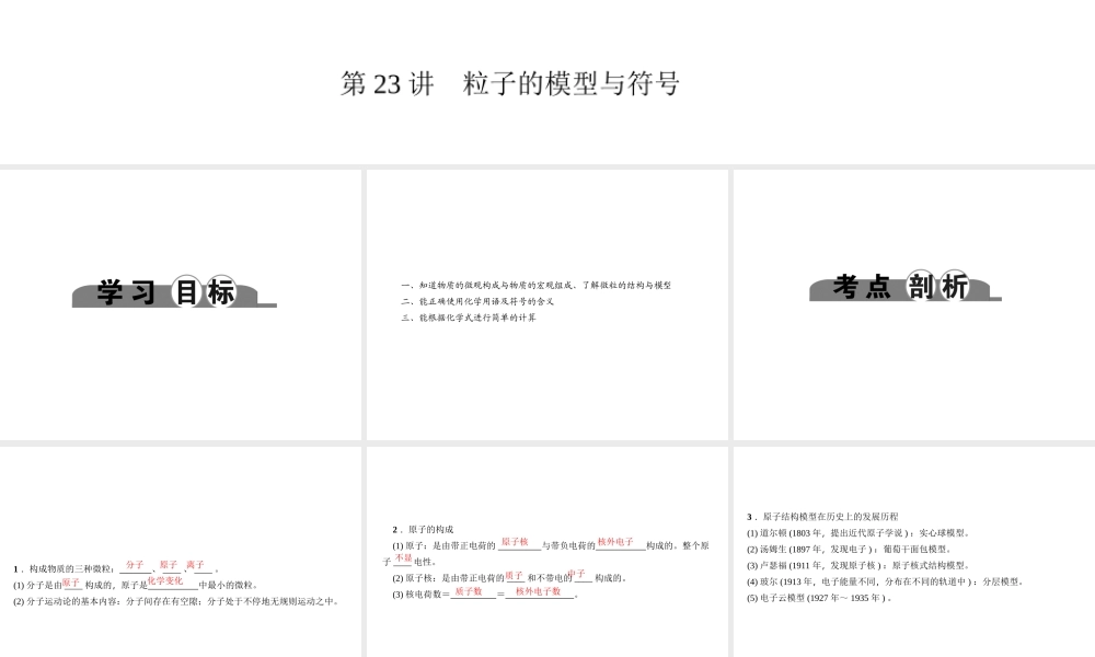（金华地区）中考科学总复习 满分策略 第三部分 化学部分 第23讲 粒子的模型与符号课件-人教版初中九年级全册自然科学课件