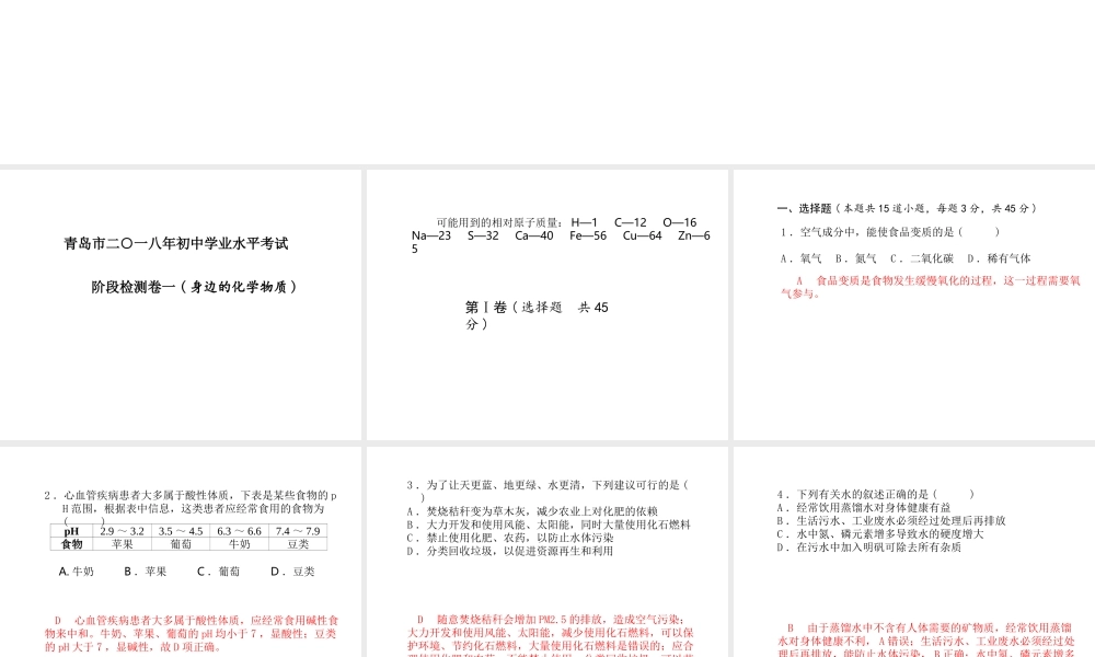 （青岛专版）中考化学总复习 第三部分 模拟检测 冲刺中考 阶段检测卷（一）课件 鲁教版-鲁教版初中九年级全册化学课件