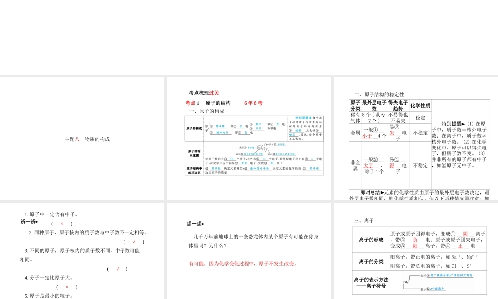 （青岛专版）中考化学总复习 第一部分 系统复习 成绩基石 主题八 物质的构成课件 鲁教版-鲁教版初中九年级全册化学课件