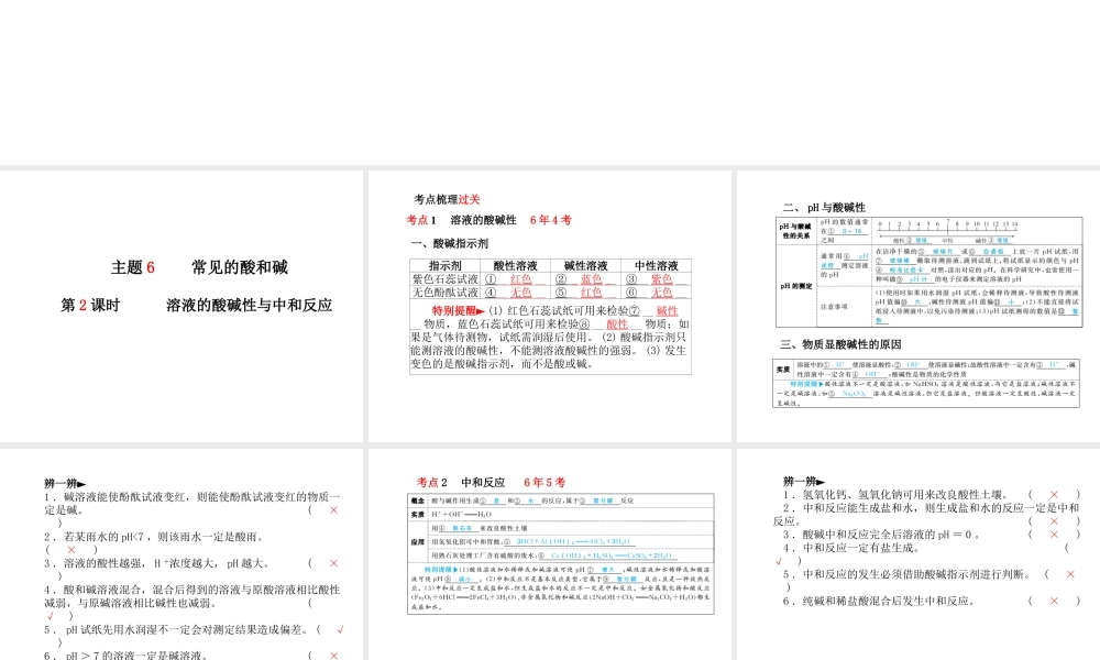 （青岛专版）中考化学总复习 第一部分 系统复习 成绩基石 主题六 常见的酸和碱 第2课时 溶液的酸碱性与中和反应课件 鲁教版-鲁教版初中九年级全册化学课件