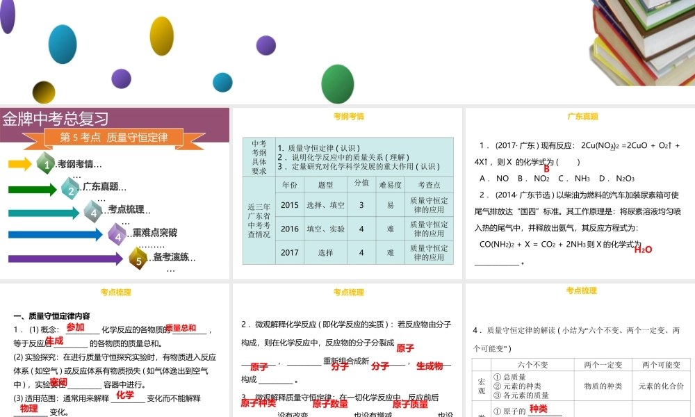 （金牌中考）广东省中考化学总复习 第二部分 物质的化学变化 第5考点 质量守恒定律课件-人教版初中九年级全册化学课件