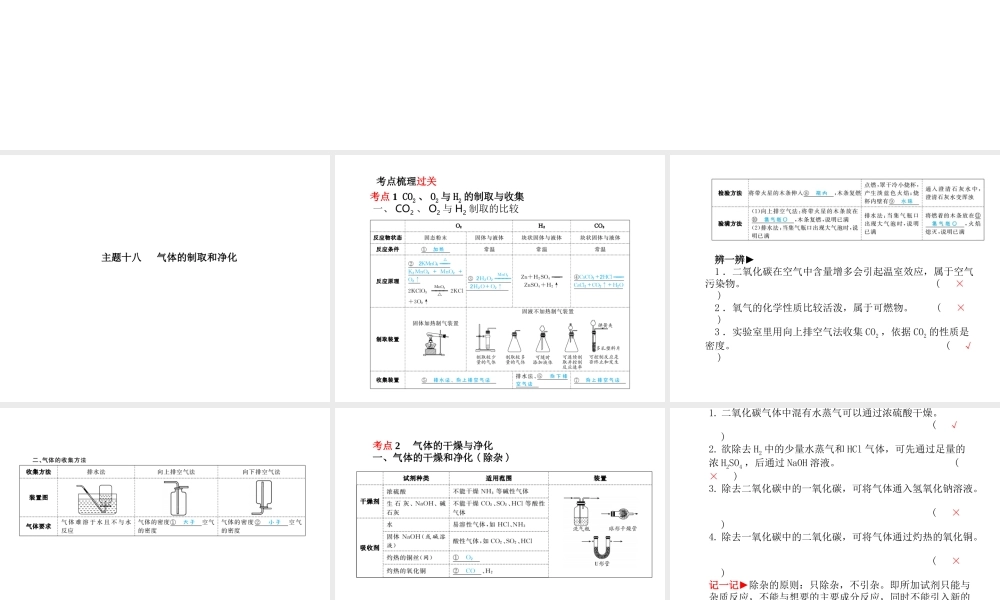 （青岛专版）中考化学总复习 第一部分 系统复习 成绩基石 主题十八 气体的制取和净化课件 鲁教版-鲁教版初中九年级全册化学课件