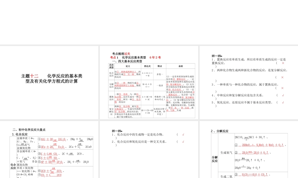 （青岛专版）中考化学总复习 第一部分 系统复习 成绩基石 主题十二 化学反应的基本类型及有关化学方程式的计算课件 鲁教版-鲁教版初中九年级全册化学课件