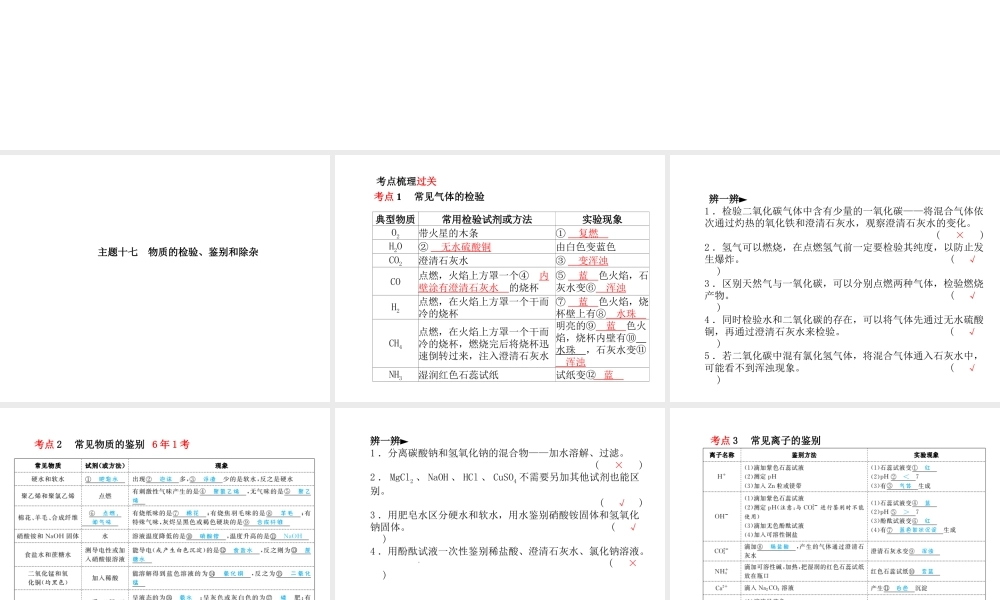 （青岛专版）中考化学总复习 第一部分 系统复习 成绩基石 主题十七 物质的检验、鉴别和除杂课件 鲁教版-鲁教版初中九年级全册化学课件
