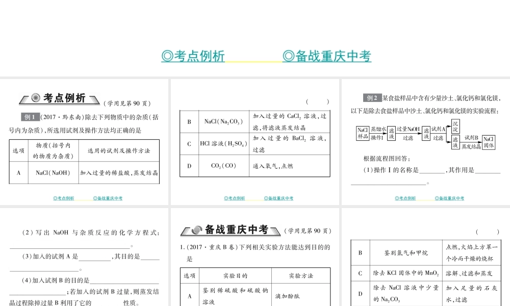 （重庆专版）中考化学总复习 第二篇 重点题型突破 第19讲 物质的除杂课件-人教版初中九年级全册化学课件