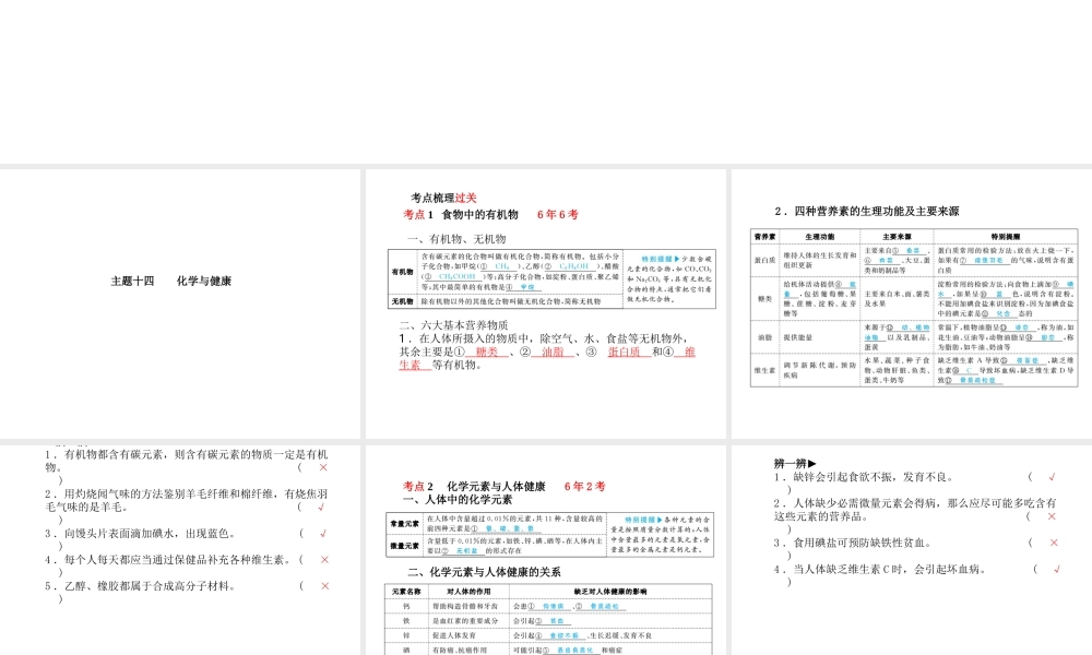 （青岛专版）中考化学总复习 第一部分 系统复习 成绩基石 主题十四 化学与健康课件 鲁教版-鲁教版初中九年级全册化学课件