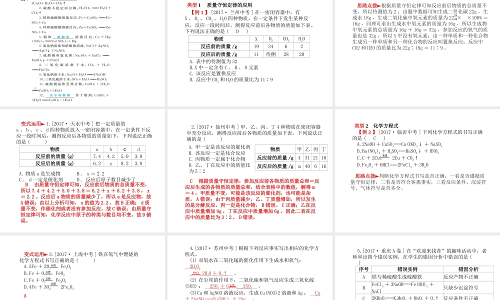 （青岛专版）中考化学总复习 第一部分 系统复习 成绩基石 主题十一 质量守恒定律及化学方程式课件 鲁教版-鲁教版初中九年级全册化学课件