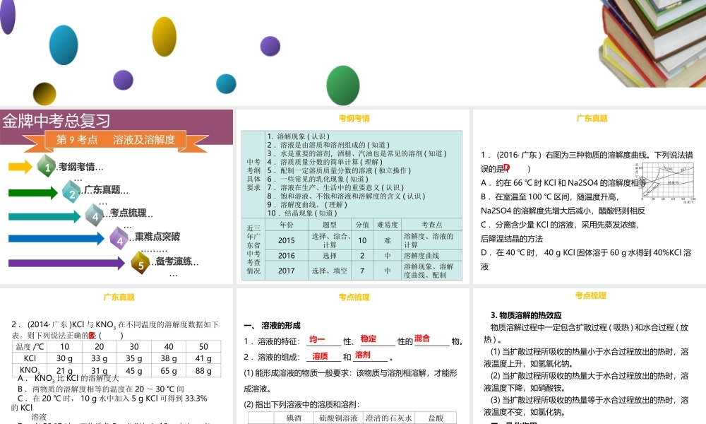 （金牌中考）广东省中考化学总复习 第三部分 身边的化学物质 第9考点 溶液及溶解度课件-人教版初中九年级全册化学课件