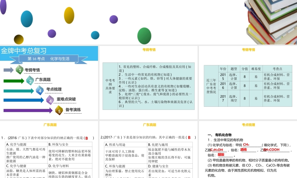 （金牌中考）广东省中考化学总复习 第四部分 化学与社会发展 第16考点 化学与生活课件-人教版初中九年级全册化学课件