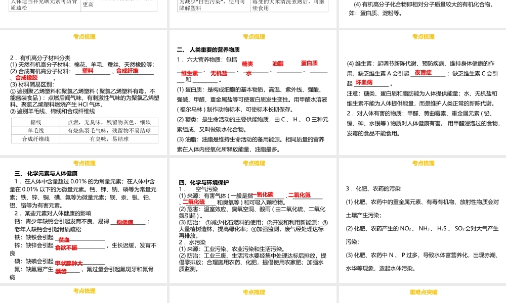 （金牌中考）广东省中考化学总复习 第四部分 化学与社会发展 第16考点 化学与生活课件-人教版初中九年级全册化学课件