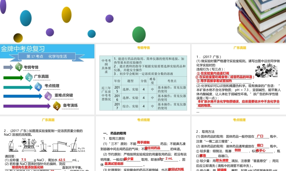 （金牌中考）广东省中考化学总复习 第五部分 基本的实验技能 第17考点 基本仪器及实验基本操作课件-人教版初中九年级全册化学课件