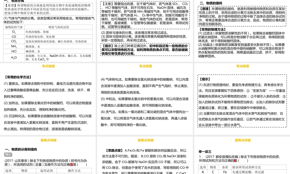 （金牌中考）广东省中考化学总复习 第五部分 基本的实验技能 第19考点 物质的分离与提纯课件-人教版初中九年级全册化学课件
