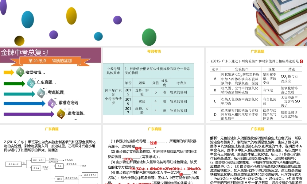 （金牌中考）广东省中考化学总复习 第五部分 基本的实验技能 第20考点 物质的鉴别课件-人教版初中九年级全册化学课件