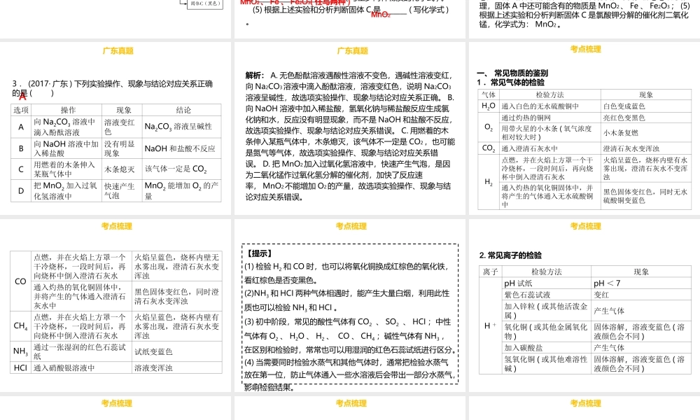 （金牌中考）广东省中考化学总复习 第五部分 基本的实验技能 第20考点 物质的鉴别课件-人教版初中九年级全册化学课件
