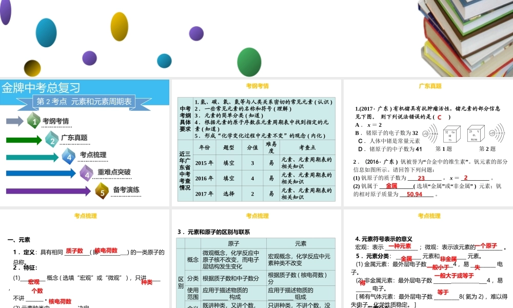（金牌中考）广东省中考化学总复习 第一部分 物质构成的奥秘 第2考点 元素和元素周期表课件-人教版初中九年级全册化学课件