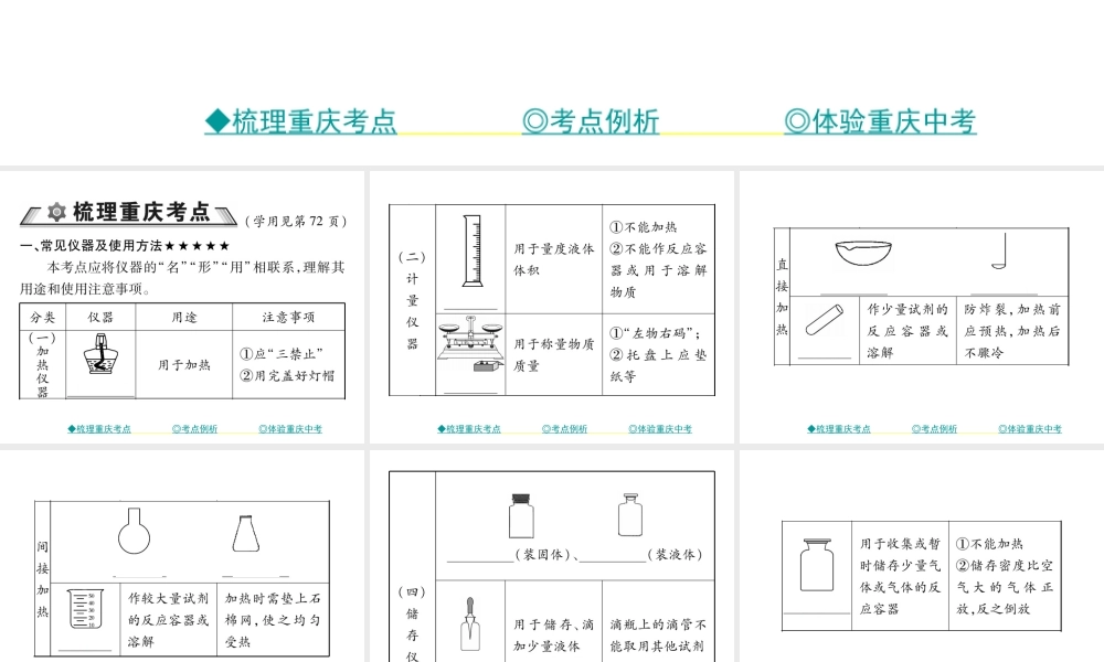 （重庆专版）中考化学总复习 第一篇 教材知识梳理 模块三 化学基础实验 第15讲 常见仪器和实验的基本操作课件-人教版初中九年级全册化学课件