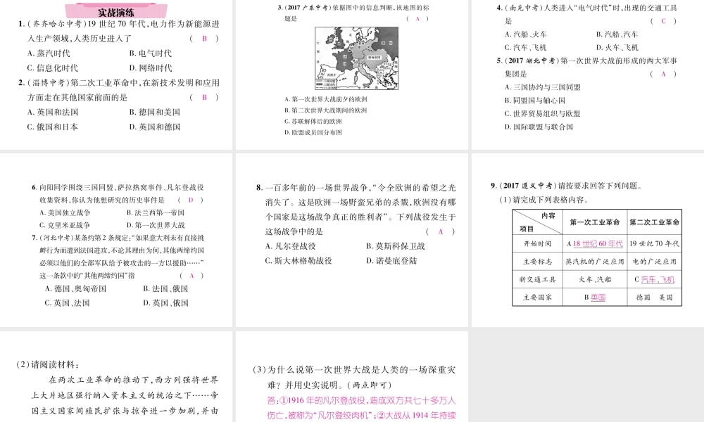 （青海专版）中考历史总复习 第一编 教材知识梳理 第24讲 第二次工业革命 第一次世界大战课件-人教版初中九年级全册历史课件