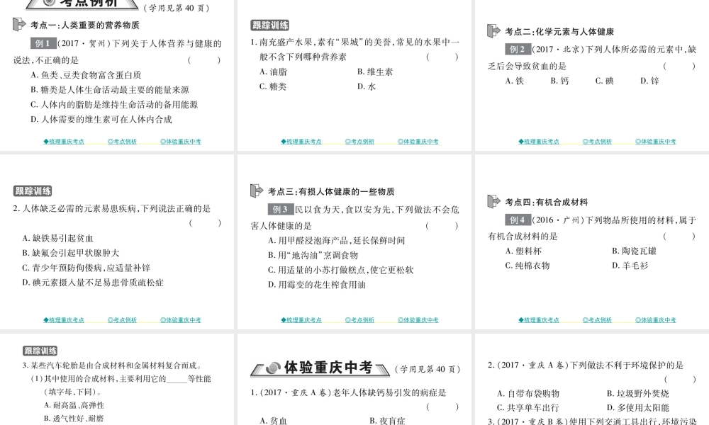（重庆专版）中考化学总复习 第一篇 教材知识梳理 模块一 常见的物质 第8讲 化学与社会课件-人教版初中九年级全册化学课件