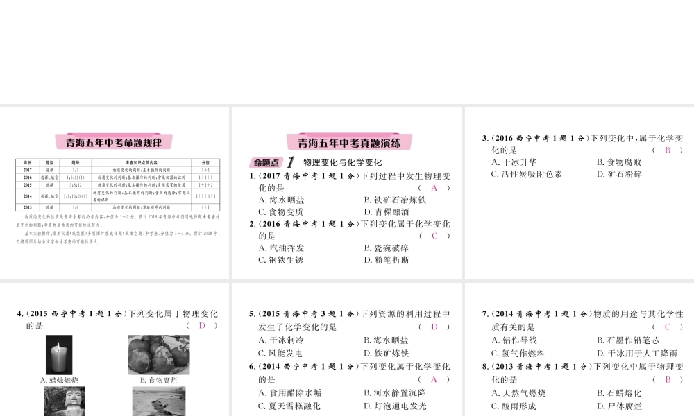 （青海专版）中考化学复习 第1编 教材知识梳理篇 第1单元 走进化学世界五年中考真题演练（精讲）课件-人教版初中九年级全册化学课件