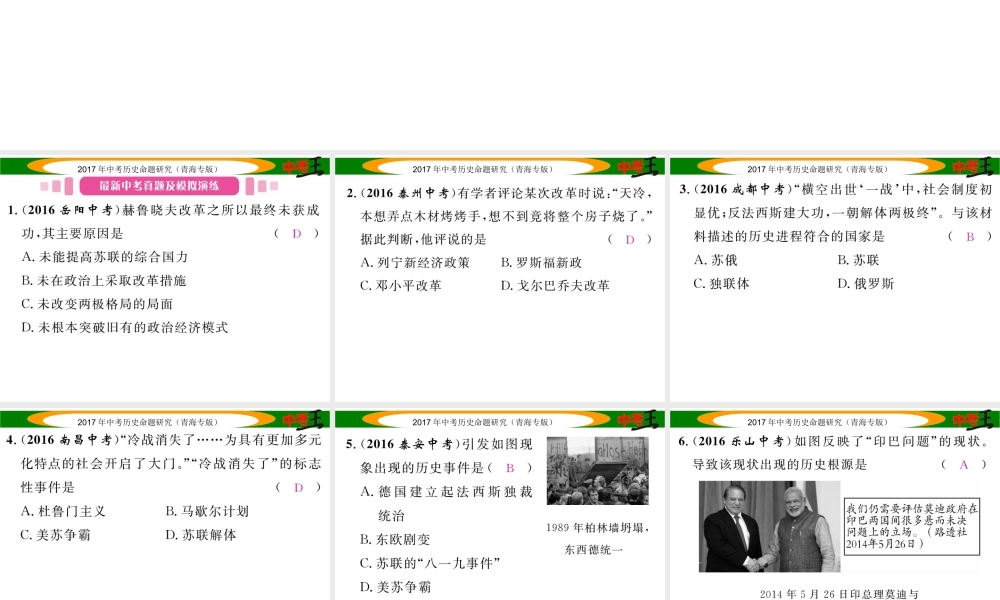 （青海专版）中考历史总复习 教材知识梳理篇 第二十八单元 社会主义国家的改革与演变、亚非拉国家的独立和振兴课件-人教版初中九年级全册历史课件