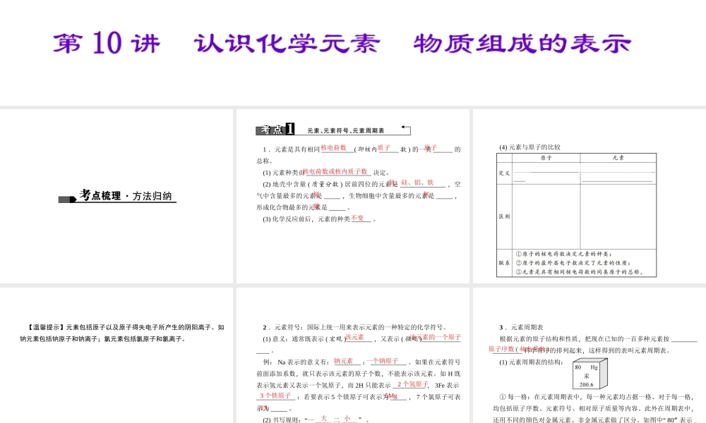 （陕西专版）中考化学总复习 第1篇 考点聚焦 模块二 物质构成的奥秘 第10讲 认识化学元素 物质组成的表示课件-人教版初中九年级全册化学课件