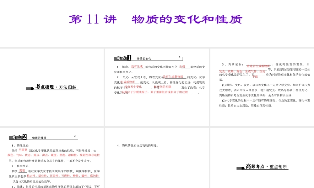 （陕西专版）中考化学总复习 第1篇 考点聚焦 模块三 物质的化学变化 第11讲 物质的变化和性质课件-人教版初中九年级全册化学课件