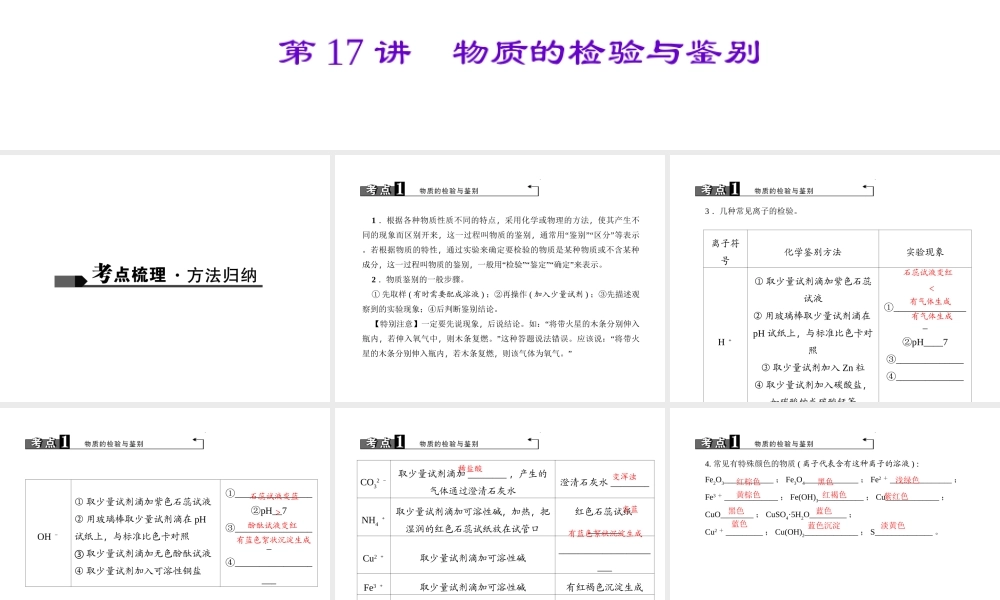 （陕西专版）中考化学总复习 第1篇 考点聚焦 模块五 科学探究 第17讲 物质的检验与鉴别课件-人教版初中九年级全册化学课件