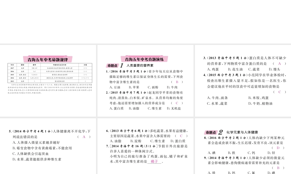 （青海专版）中考化学复习 第1编 教材知识梳理篇 第12单元 化学与生活五年中考真题演练（精讲）课件-人教版初中九年级全册化学课件