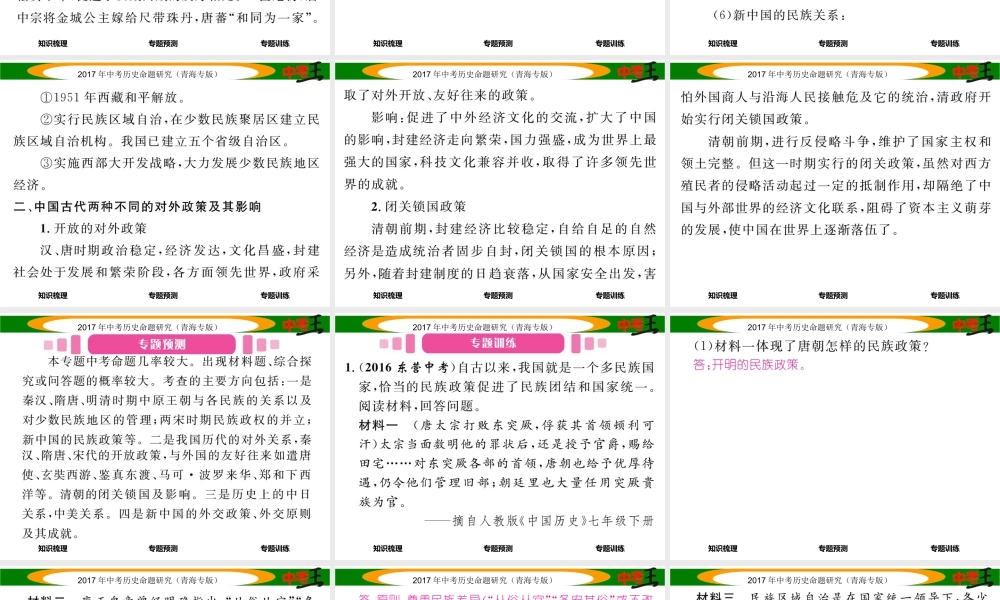 （青海专版）中考历史总复习 热点专题突破篇 专题二 中国古代的民族关系课件-人教版初中九年级全册历史课件