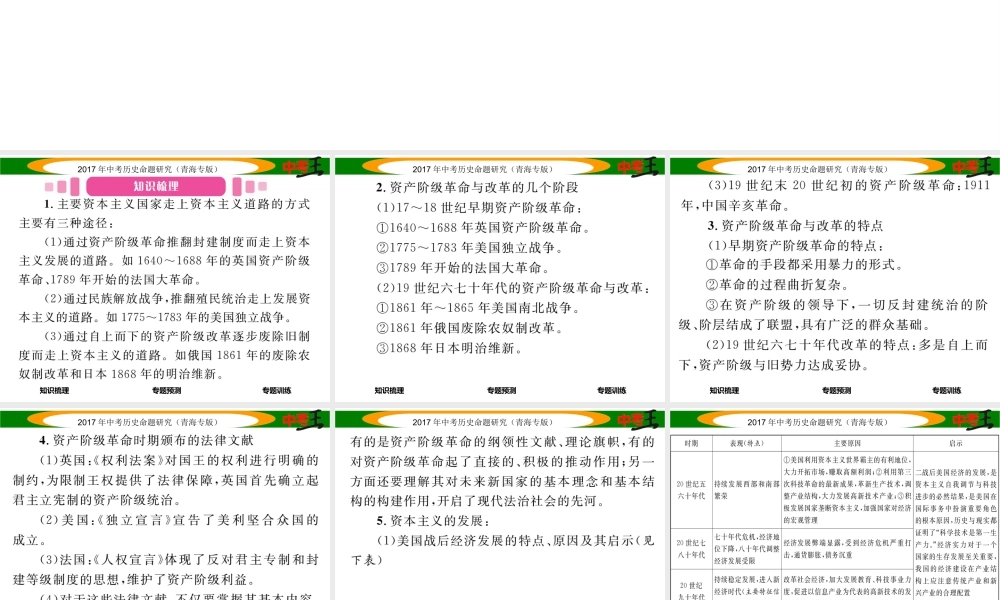 （青海专版）中考历史总复习 热点专题突破篇 专题九 主要资本主义国家走上资本主义道路的方式、原因以及资本主义的发展课件-人教版初中九年级全册历史课件