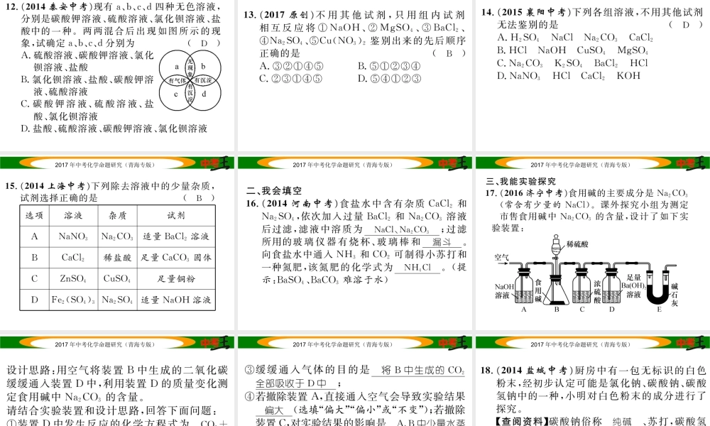 （青海专版）中考化学命题研究 第二编 重点题型突破篇 专题二 物质的检验、鉴别和除杂（精练）课件-人教版初中九年级全册化学课件