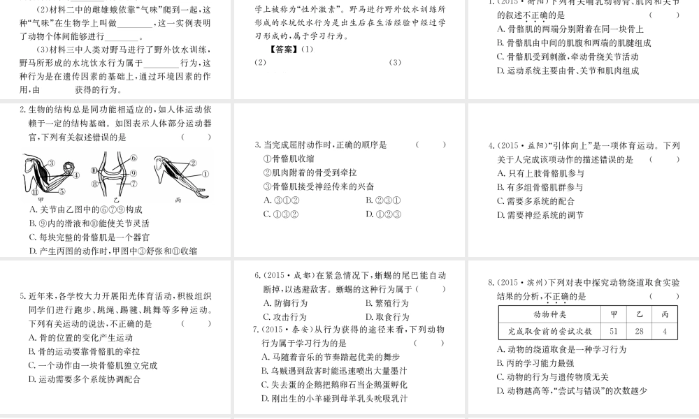 （重庆专版）中考生物 第二部分 知识综合突破 专题五 动物的运动和行为复习配套课件-人教级全册生物课件