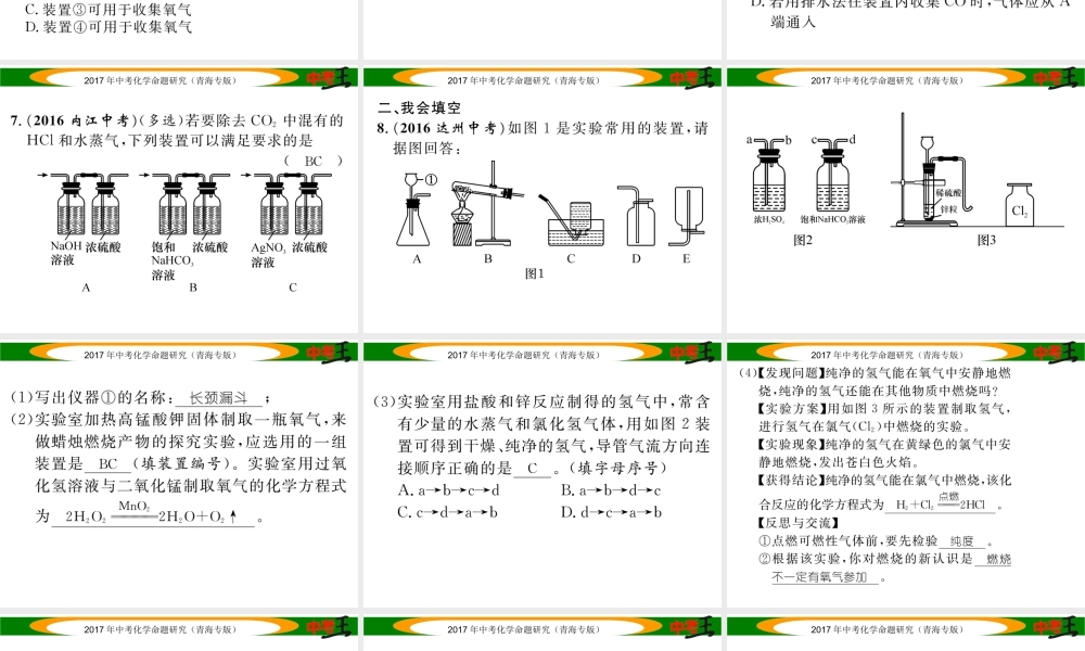 （青海专版）中考化学命题研究 第二编 重点题型突破篇 专题一 常见气体的制取、净化与干燥（精练）课件-人教版初中九年级全册化学课件