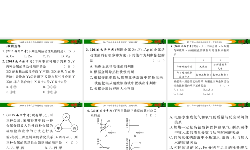 （青海专版）中考化学命题研究 第一编 教材知识梳理篇 第八单元 金属和金属材料 课时2 金属的化学性质（精练）课件-人教版初中九年级全册化学课件