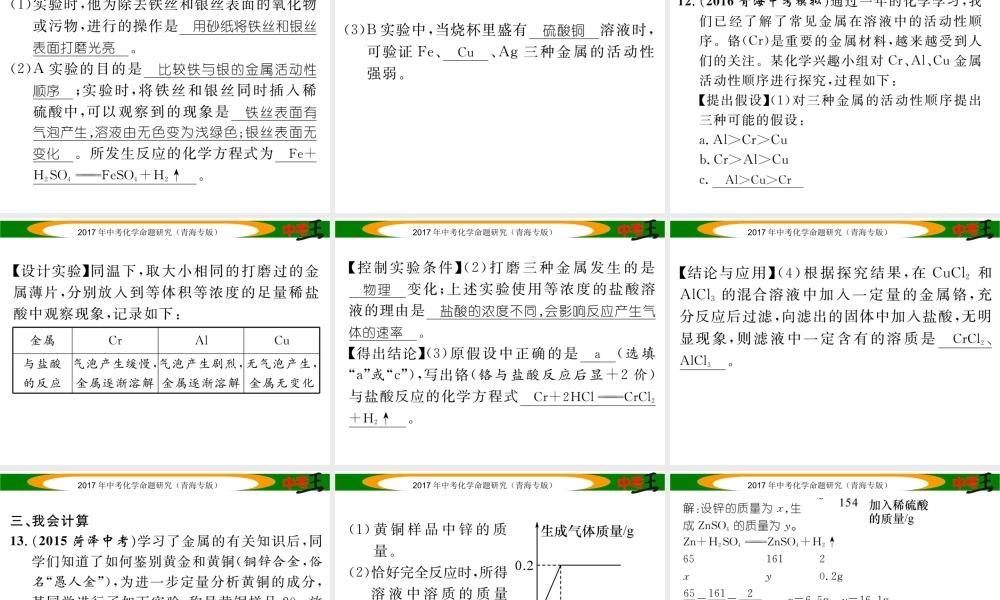 （青海专版）中考化学命题研究 第一编 教材知识梳理篇 第八单元 金属和金属材料 课时2 金属的化学性质（精练）课件-人教版初中九年级全册化学课件