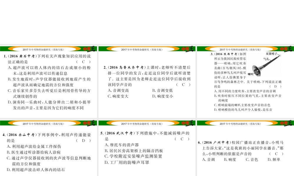 （青海专版）中考物理命题研究 第一编 教材知识梳理篇 第1讲 声现象 优化训练1 声现象课件-人教版初中九年级全册物理课件