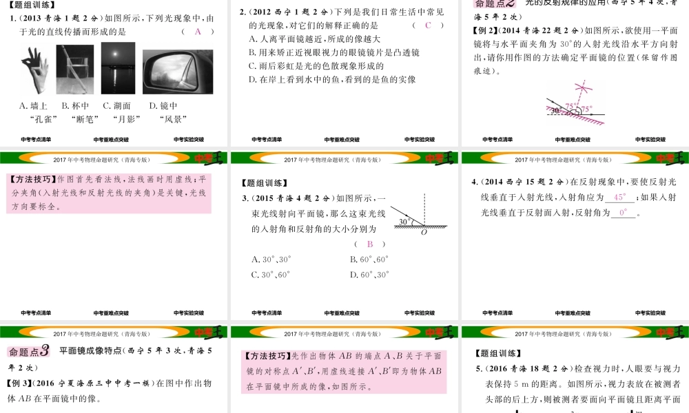 （青海专版）中考物理命题研究 第一编 教材知识梳理篇 第2讲 光的直线传播 光的反射 平面镜成像课件-人教版初中九年级全册物理课件