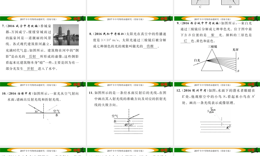 （青海专版）中考物理命题研究 第一编 教材知识梳理篇 第3讲 光的折射 光的色散 优化训练3 光的折射 光的色散课件-人教版初中九年级全册物理课件