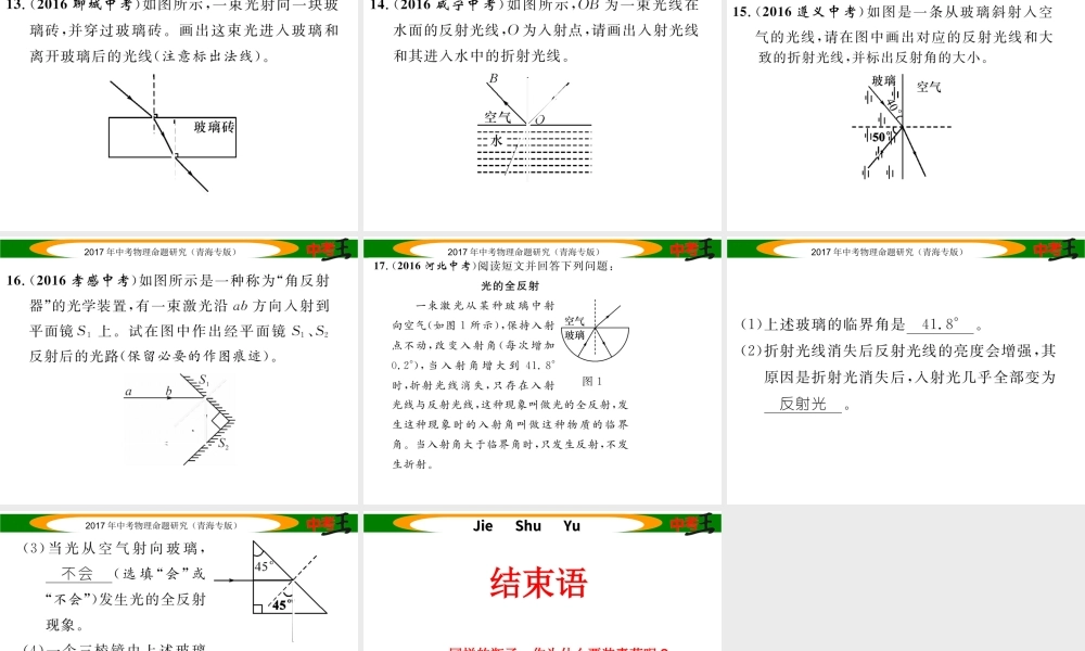 （青海专版）中考物理命题研究 第一编 教材知识梳理篇 第3讲 光的折射 光的色散 优化训练3 光的折射 光的色散课件-人教版初中九年级全册物理课件