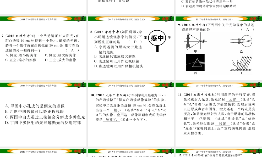 （青海专版）中考物理命题研究 第一编 教材知识梳理篇 第4讲 透镜及其应用 优化训练4 透镜及其应用课件-人教版初中九年级全册物理课件