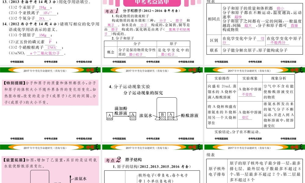 （青海专版）中考化学命题研究 第一编 教材知识梳理篇 第三单元 物质的构成奥秘（精讲）课件-人教版初中九年级全册化学课件