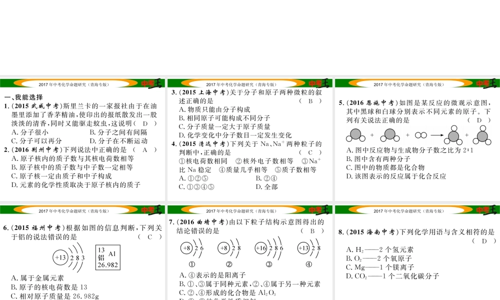 （青海专版）中考化学命题研究 第一编 教材知识梳理篇 第三单元 物质构成的奥妙（精练）课件-人教版初中九年级全册化学课件