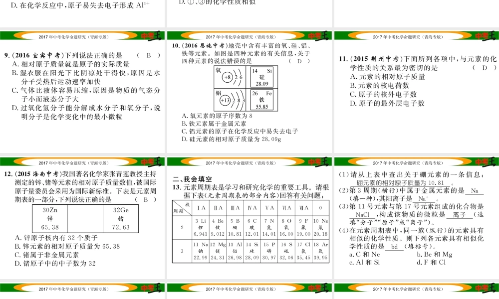 （青海专版）中考化学命题研究 第一编 教材知识梳理篇 第三单元 物质构成的奥妙（精练）课件-人教版初中九年级全册化学课件
