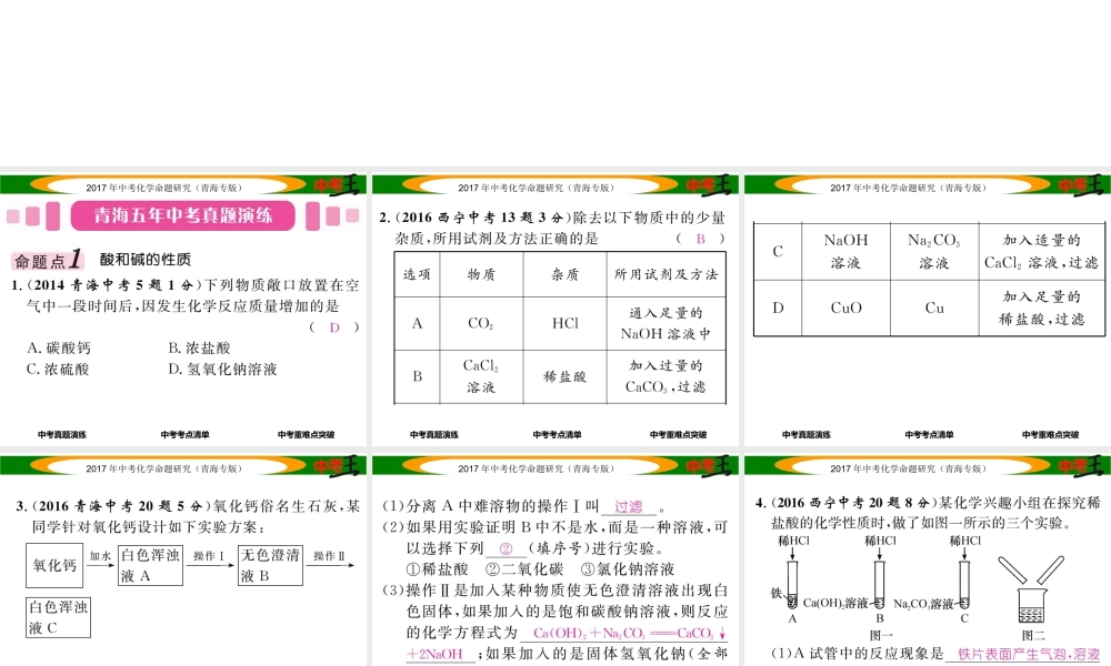 （青海专版）中考化学命题研究 第一编 教材知识梳理篇 第十单元 酸和碱（精讲）课件-人教版初中九年级全册化学课件