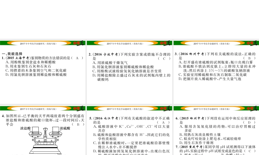 （青海专版）中考化学命题研究 第一编 教材知识梳理篇 第十单元 酸和碱（精练）课件-人教版初中九年级全册化学课件