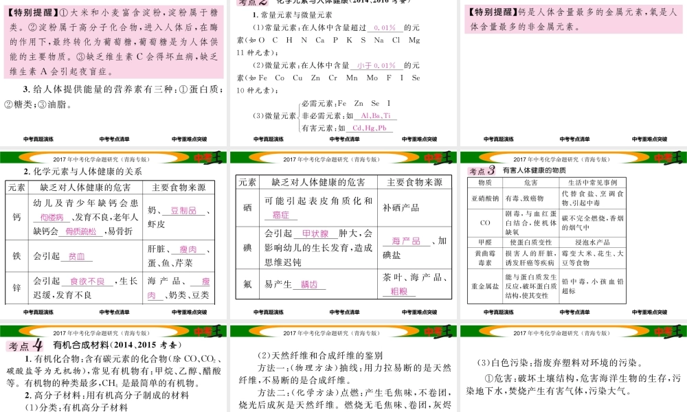 （青海专版）中考化学命题研究 第一编 教材知识梳理篇 第十二单元 化学与生活（精讲）课件-人教版初中九年级全册化学课件