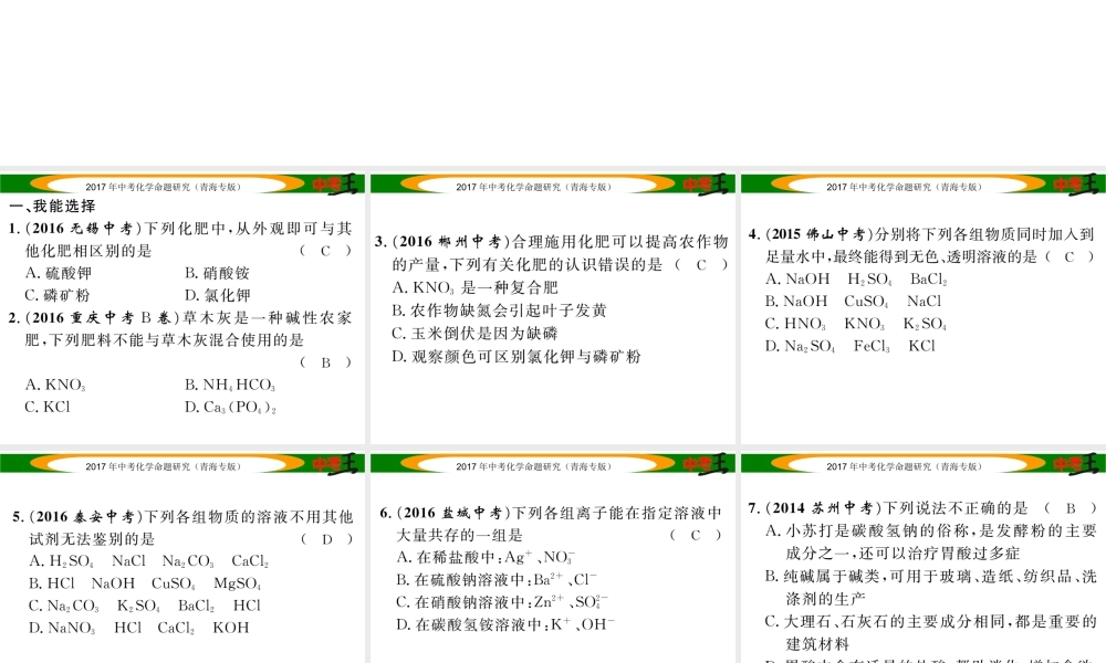 （青海专版）中考化学命题研究 第一编 教材知识梳理篇 第十一单元 盐 化肥（精练）课件-人教版初中九年级全册化学课件