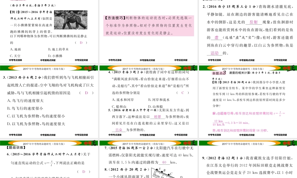 （青海专版）中考物理命题研究 第一编 教材知识梳理篇 第7讲 机械运动课件-人教版初中九年级全册物理课件