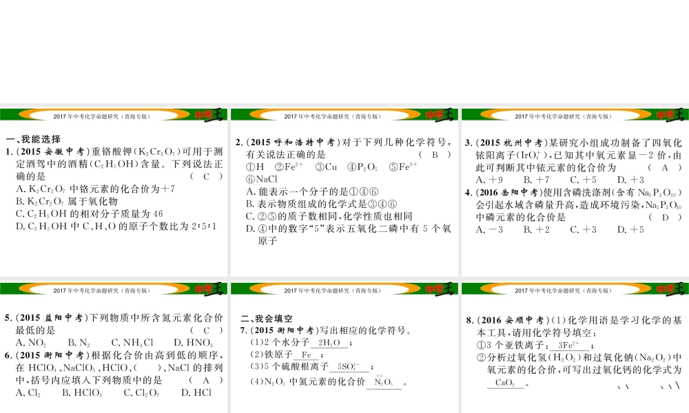 （青海专版）中考化学命题研究 第一编 教材知识梳理篇 第四单元 自然界的水 课时2 化学式和化合价（精练）课件-人教版初中九年级全册化学课件