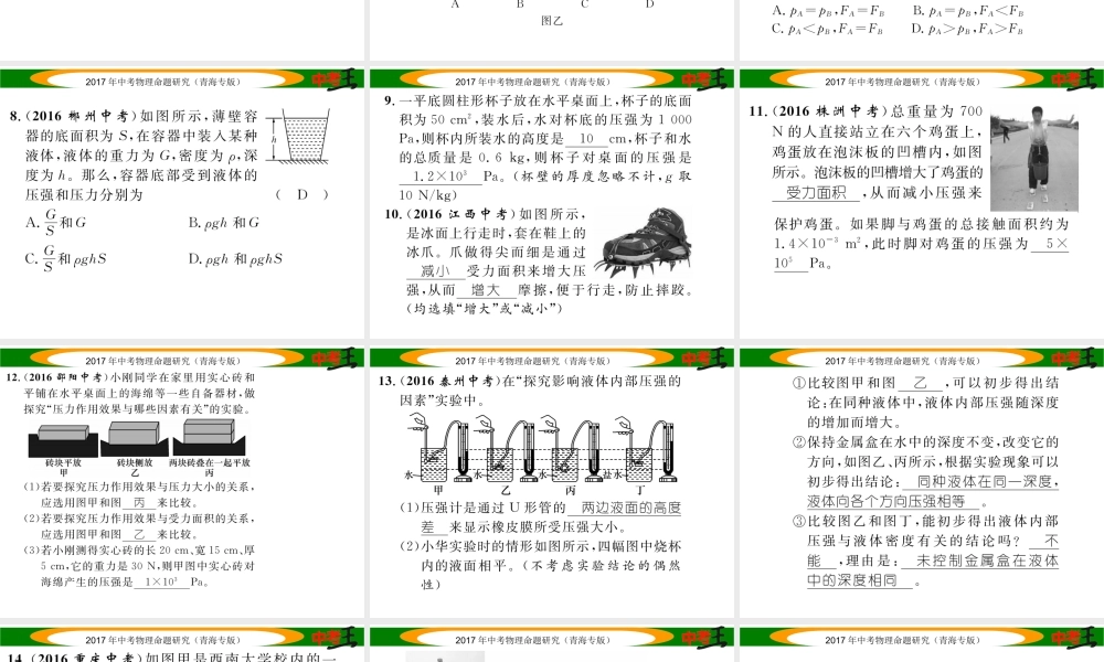 （青海专版）中考物理命题研究 第一编 教材知识梳理篇 第9讲 压强 液体的压强 优化训练9 压强 液体的压强课件-人教版初中九年级全册物理课件